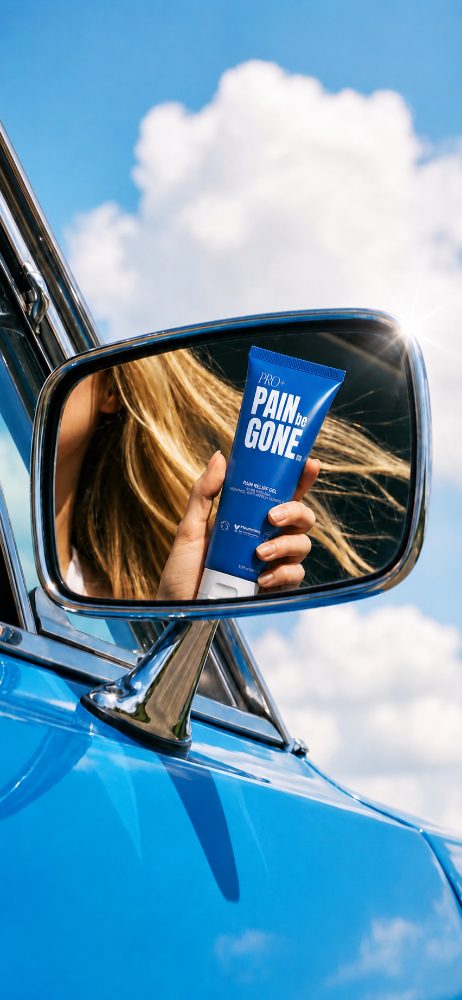 Pain be Gone gel in a car mirror